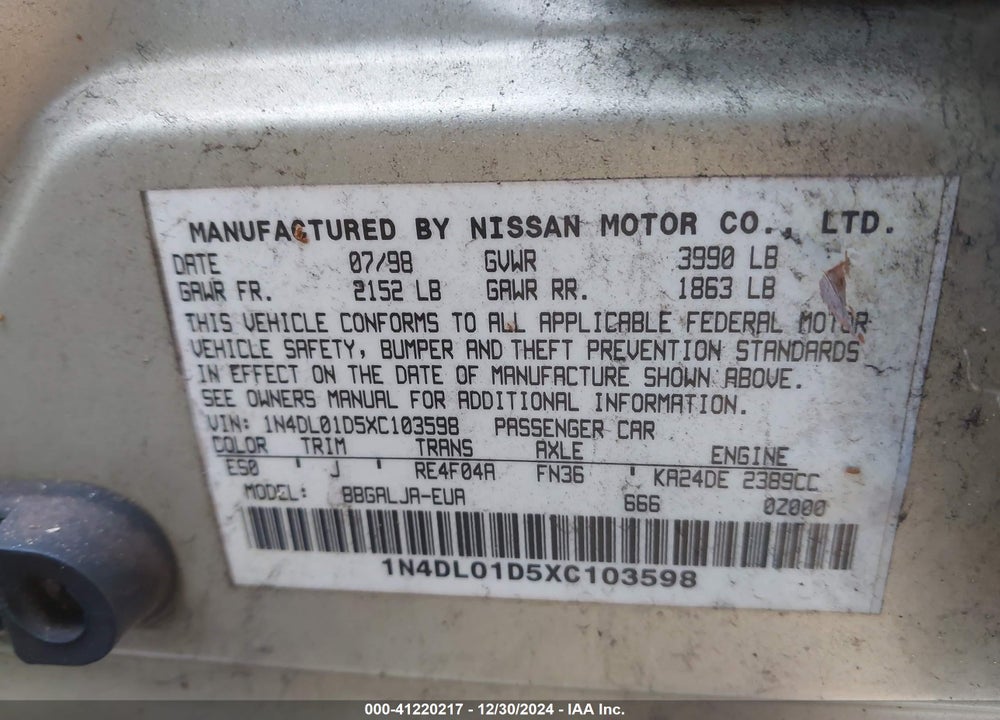 1999 NISSAN ALTIMA GLE/GXE/SE/SE-L/XE VIN: 1N4DL01D5XC103598