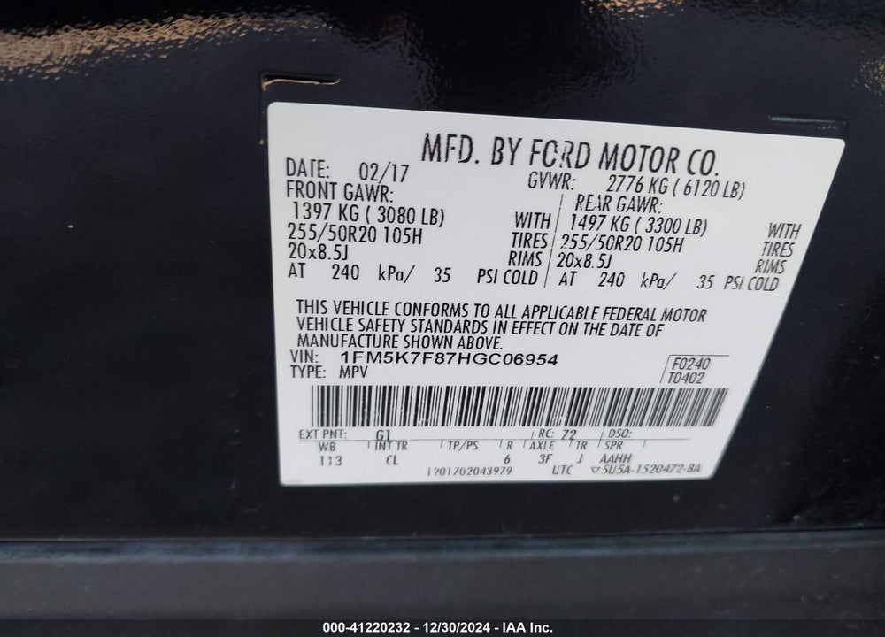 2017 FORD EXPLORER LIMITED VIN: 1FM5K7F87HGC06954