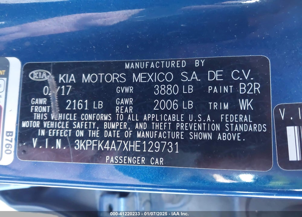 2017 KIA FORTE VIN: 3KPFK4A7XHE129731