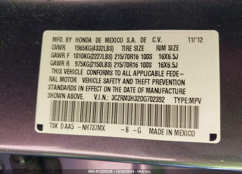 2013 HONDA CR-V LX VIN: 3CZRM3H32DG702392