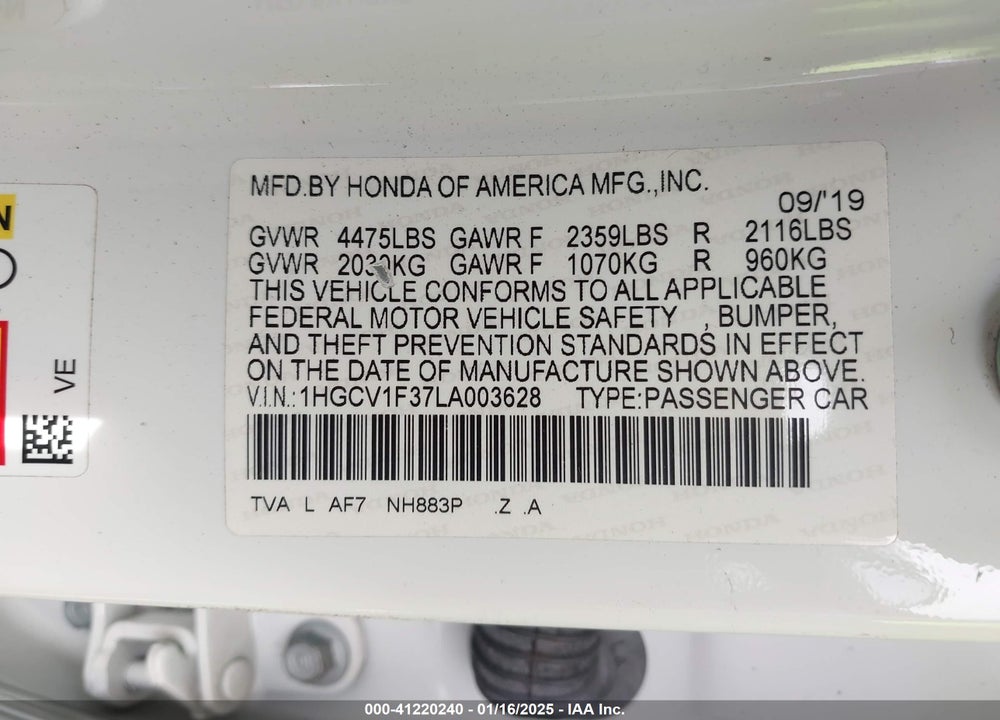 2020 HONDA ACCORD VIN: 1HGCV1F37LA003628
