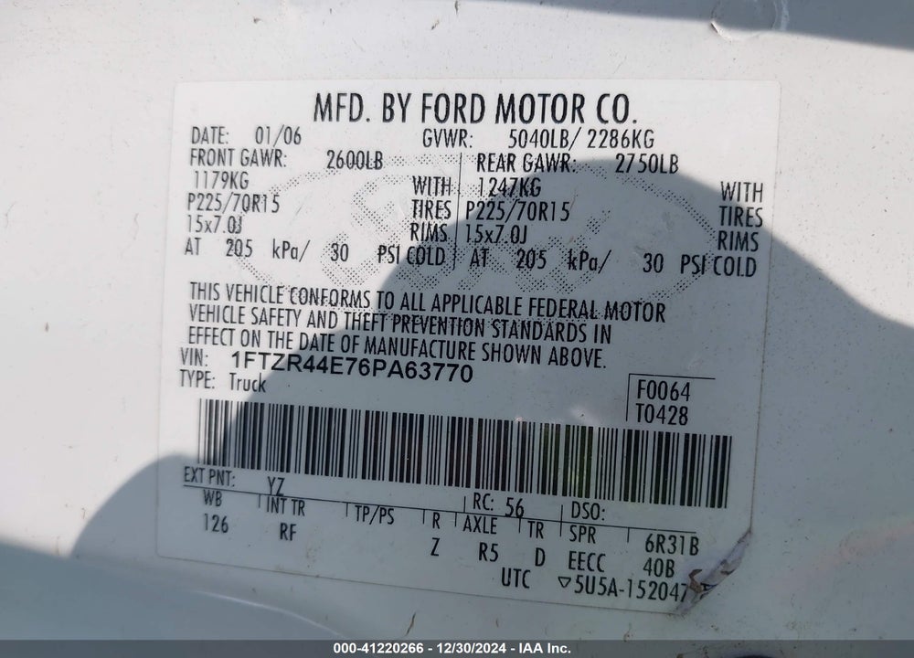 2006 FORD RANGER SPORT/STX/XLT VIN: 1FTZR44E76PA63770