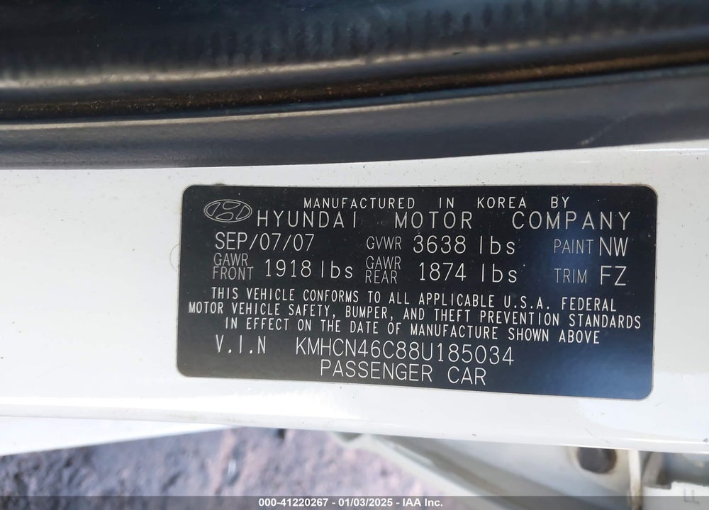 2008 HYUNDAI ACCENT VIN: KMHCN46C88U185034