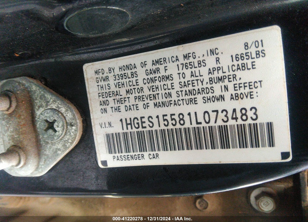 2001 HONDA CIVIC LX VIN: 1HGES15581L073483