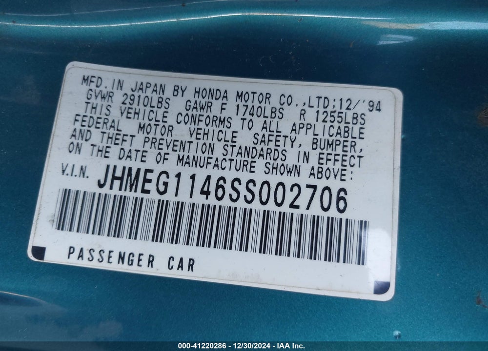 1995 HONDA CIVIC DEL SOL S VIN: JHMEG1146SS002706