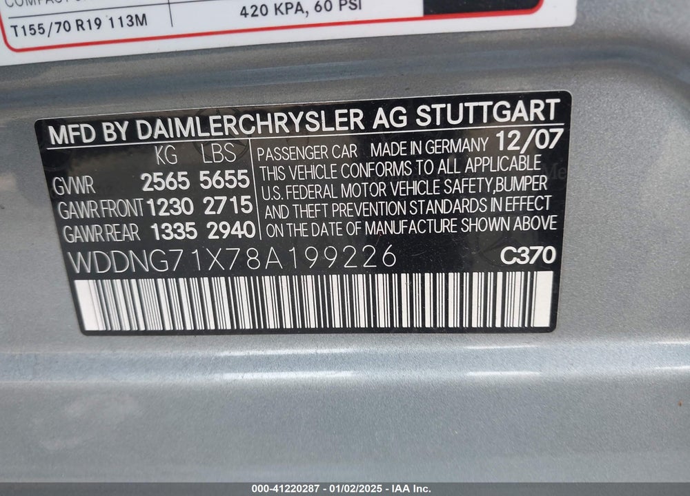 2008 MERCEDES-BENZ S 550 VIN: WDDNG71X78A199226