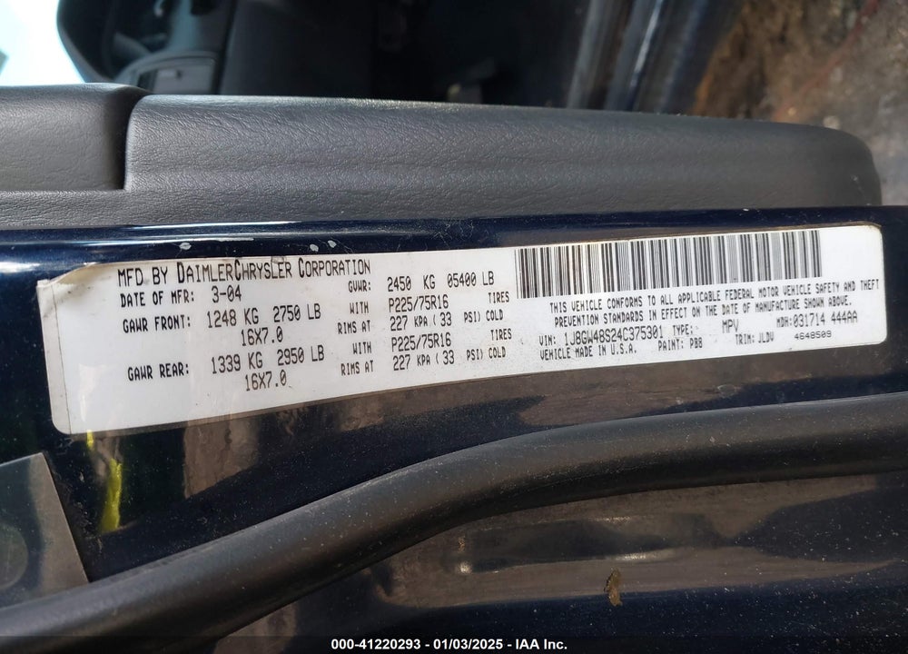 2004 JEEP GRAND CHEROKEE LAREDO VIN: 1J8GW48S24C375301