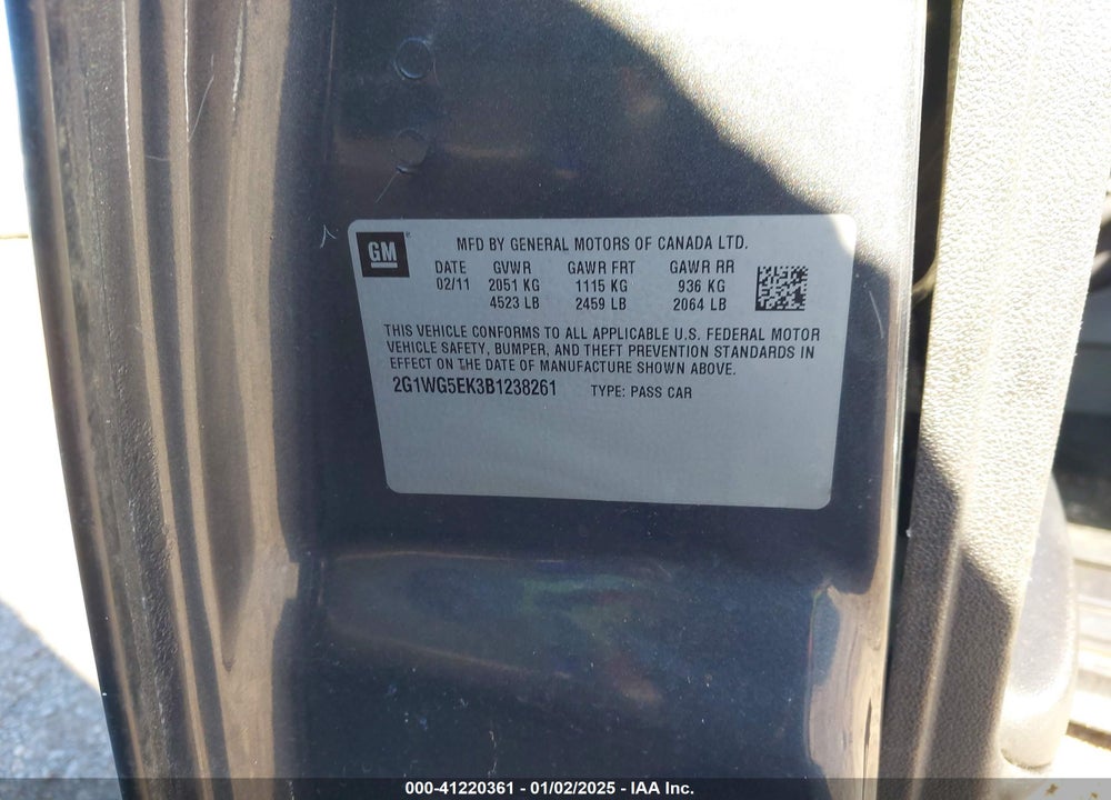 2011 CHEVROLET IMPALA LT VIN: 2G1WG5EK3B1238261