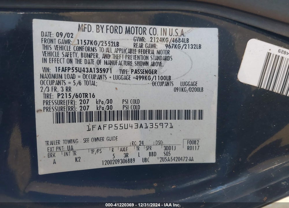 2003 FORD TAURUS SES VIN: 1FAFP55U43A135971