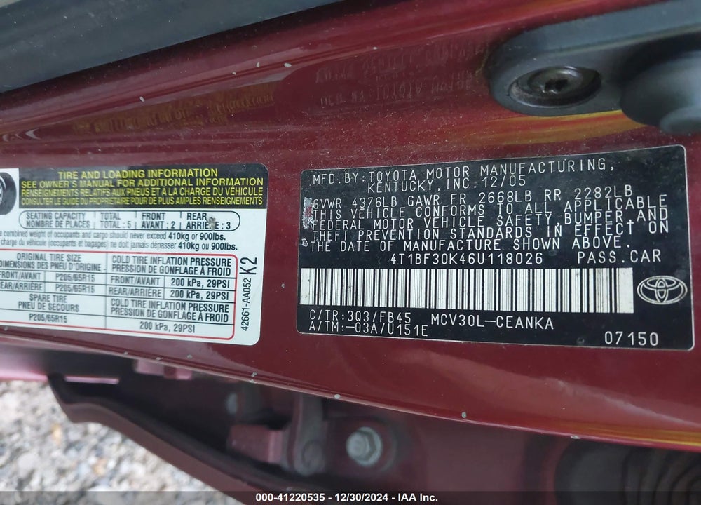 2006 TOYOTA CAMRY LE V6 VIN: 4T1BF30K46U118026