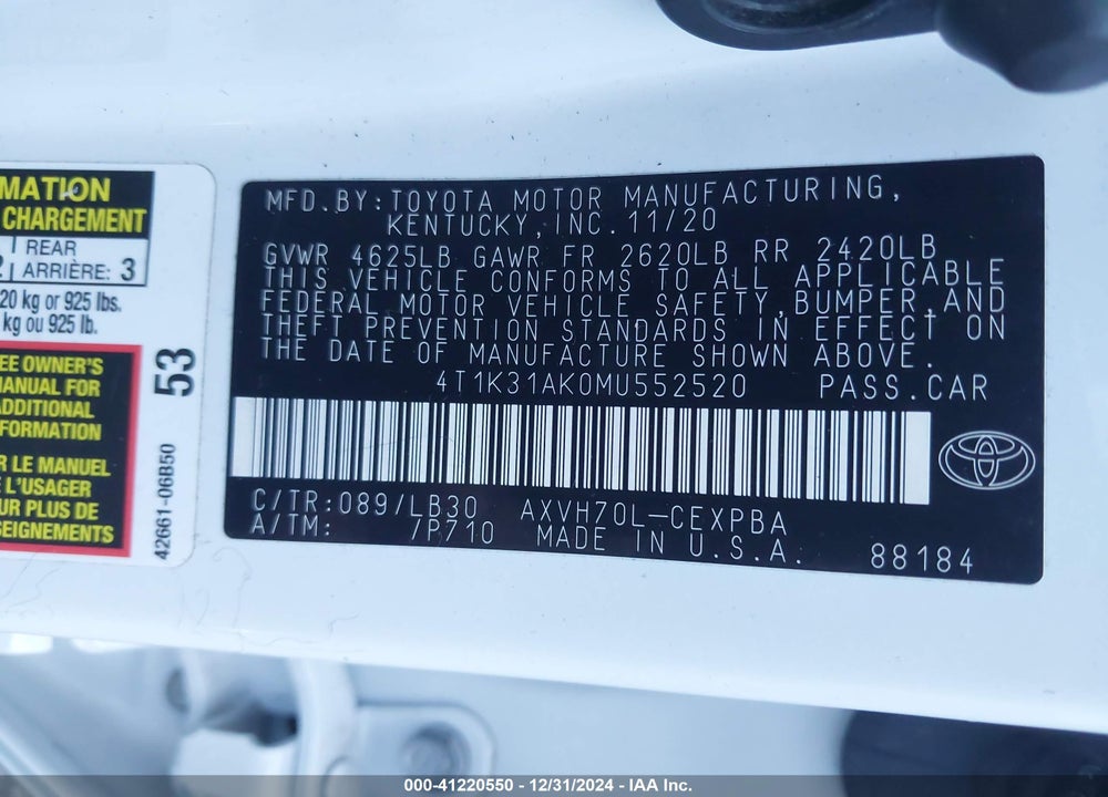 2021 TOYOTA CAMRY XSE HYBRID VIN: 4T1K31AK0MU552520