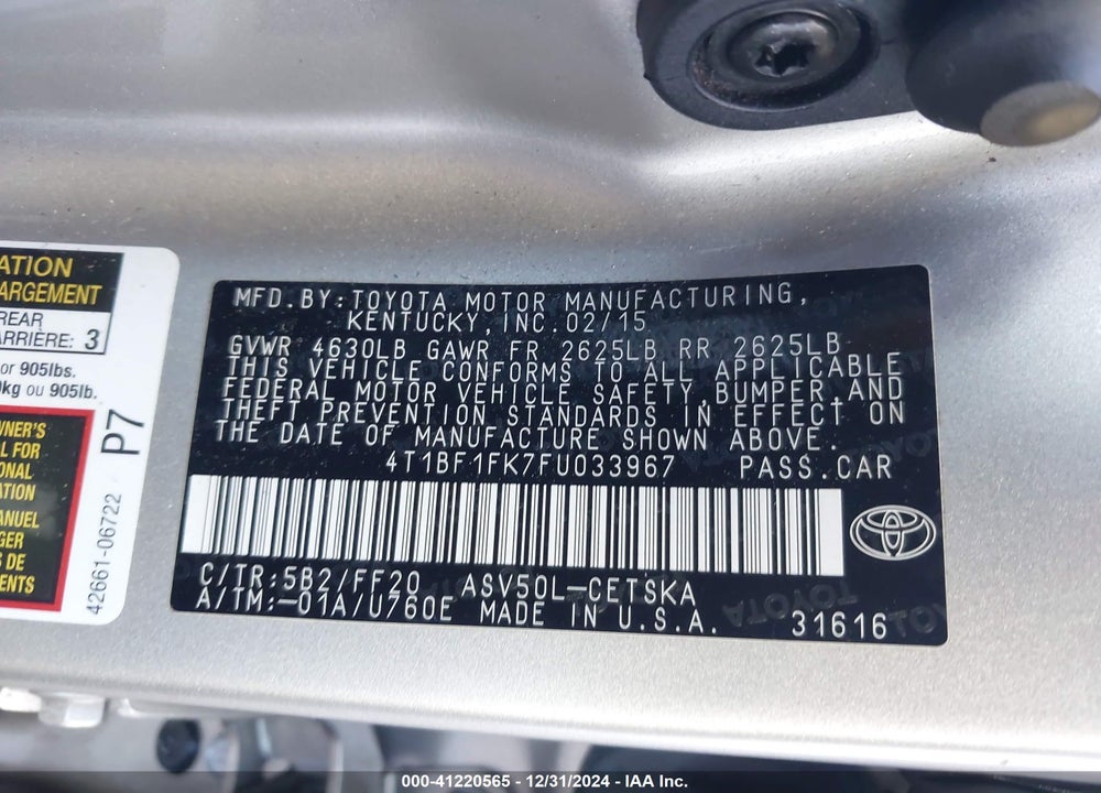 2015 TOYOTA CAMRY SE VIN: 4T1BF1FK7FU033967