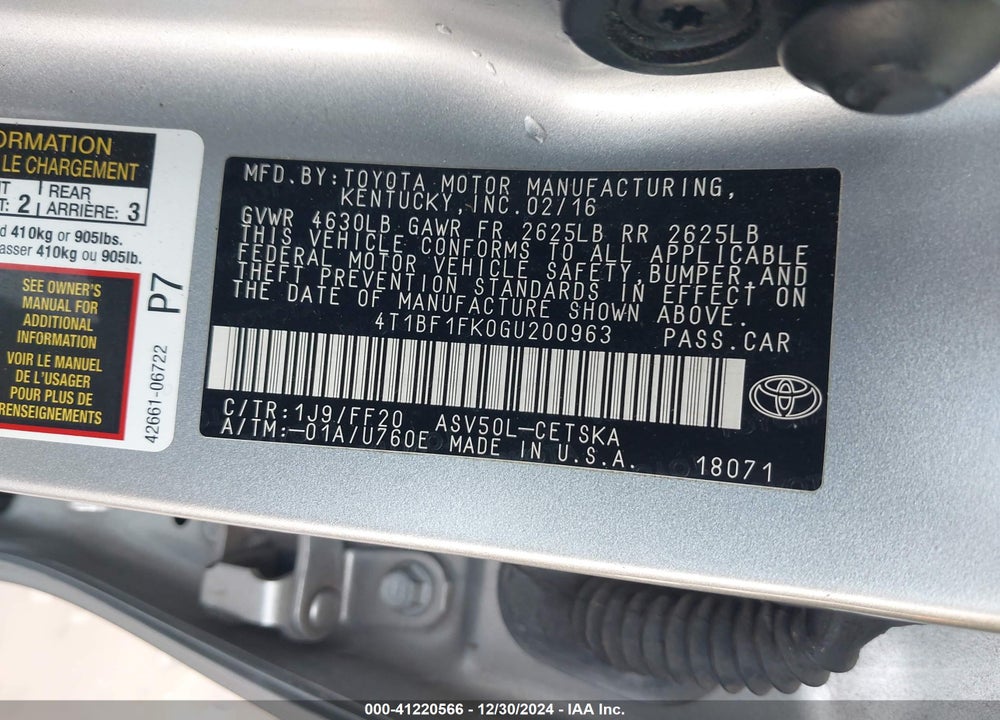 2016 TOYOTA CAMRY SE VIN: 4T1BF1FK0GU200963
