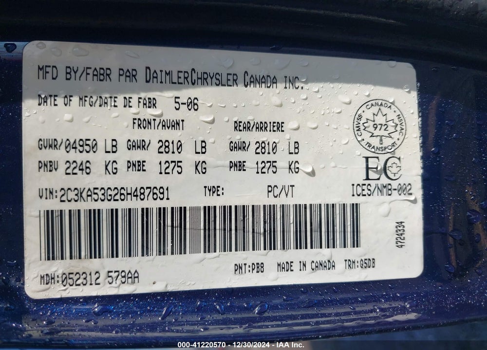 2006 CHRYSLER 300 VIN: 2C3KA53G26H487691