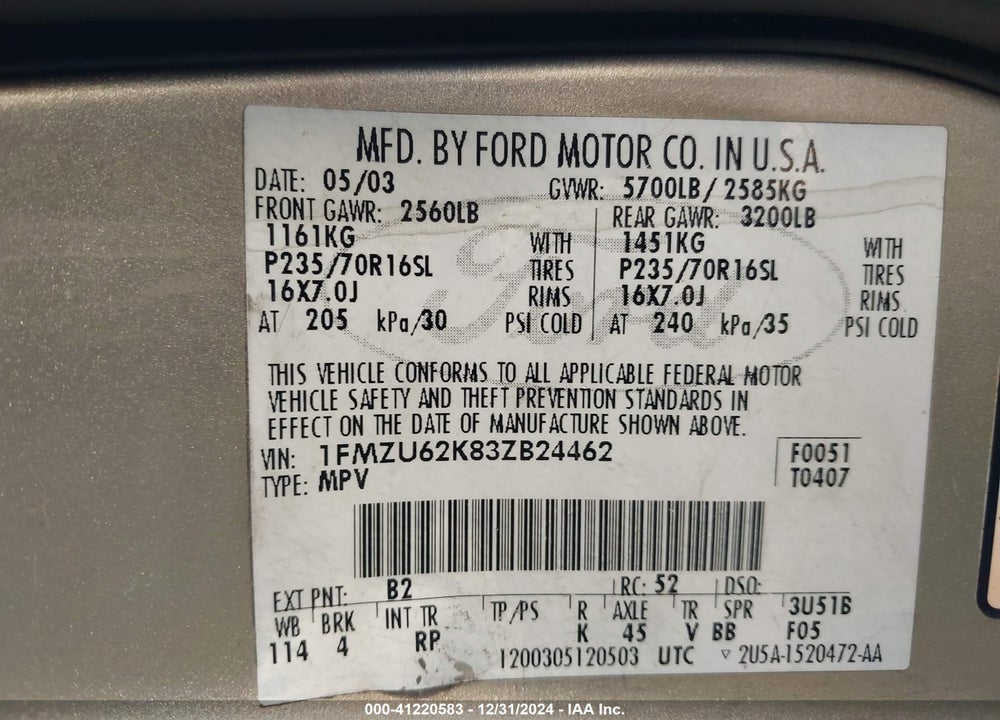 2003 FORD EXPLORER XLS VIN: 1FMZU62K83ZB24462