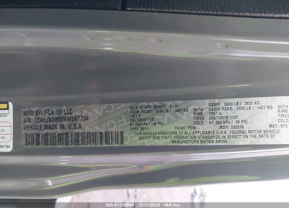 2021 JEEP WRANGLER UNLIMITED SPORT ALTITUDE 4X4 VIN: 1C4HJXDM8MW667794