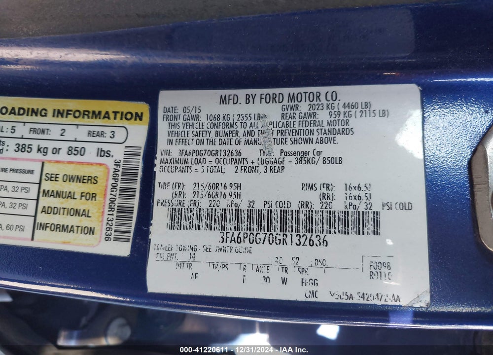 2016 FORD FUSION VIN: 3FA6P0G70GR132636