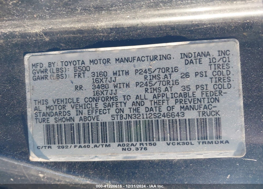2002 TOYOTA TUNDRA VIN: 5TBJN32112S246643