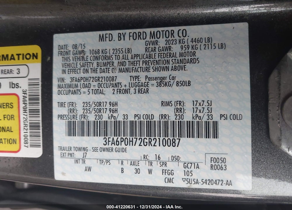 2016 FORD FUSION VIN: 3FA6P0H72GR210087