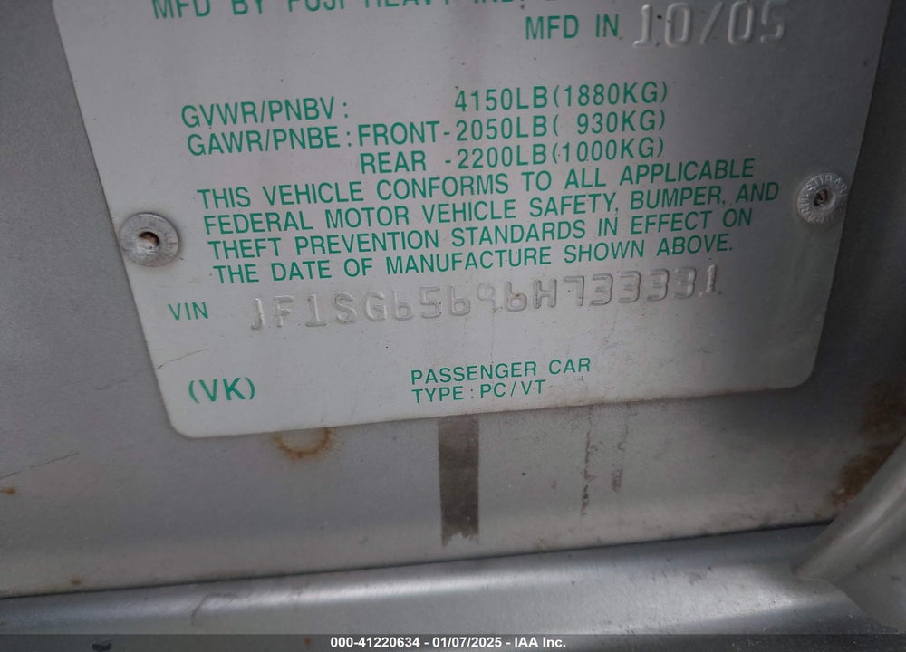 2006 SUBARU FORESTER 2.5X VIN: JF1SG65696H733331