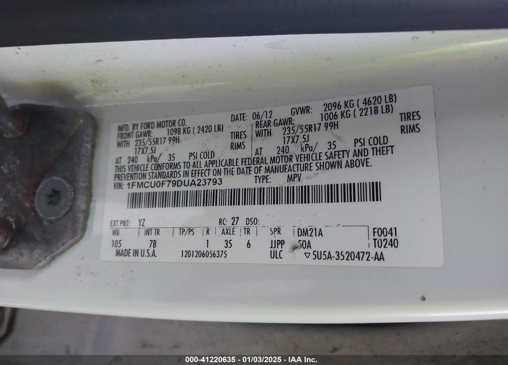 2013 FORD ESCAPE S VIN: 1FMCU0F79DUA23793