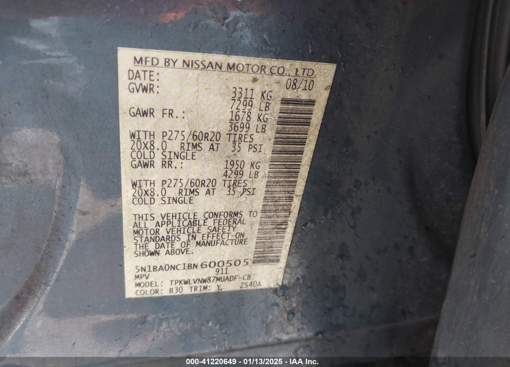 2011 NISSAN ARMADA SL VIN: 5N1BA0NC1BN600505