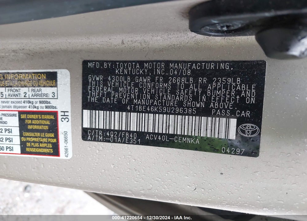 2009 TOYOTA CAMRY VIN: 4T1BE46K59U296385