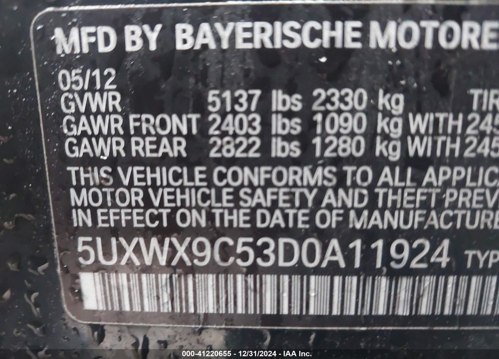 2013 BMW X3 XDRIVE28I VIN: 5UXWX9C53D0A11924