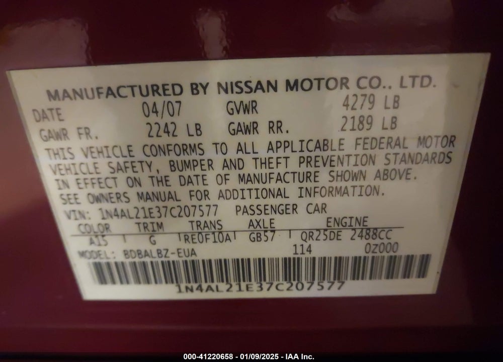 2007 NISSAN ALTIMA 2.5 S VIN: 1N4AL21E37C207577