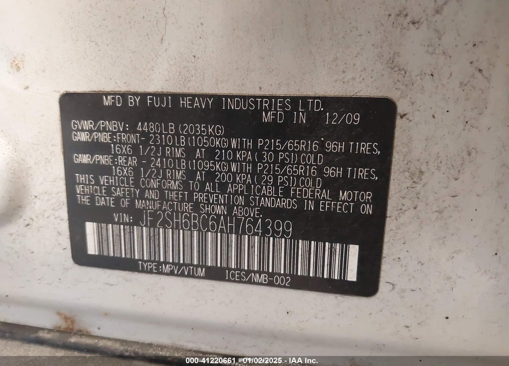 2010 SUBARU FORESTER 2.5X VIN: JF2SH6BC6AH764399