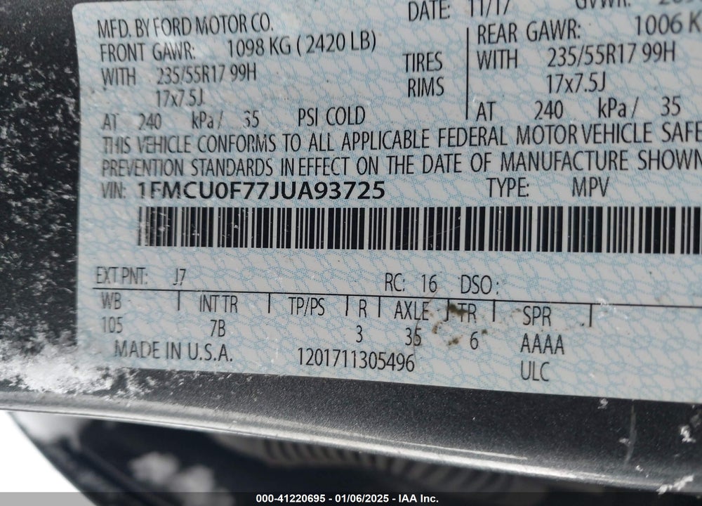 2018 FORD ESCAPE S VIN: 1FMCU0F77JUA93725