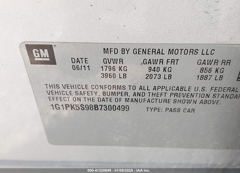 2011 CHEVROLET CRUZE VIN: 1G1PK5S98B7300499