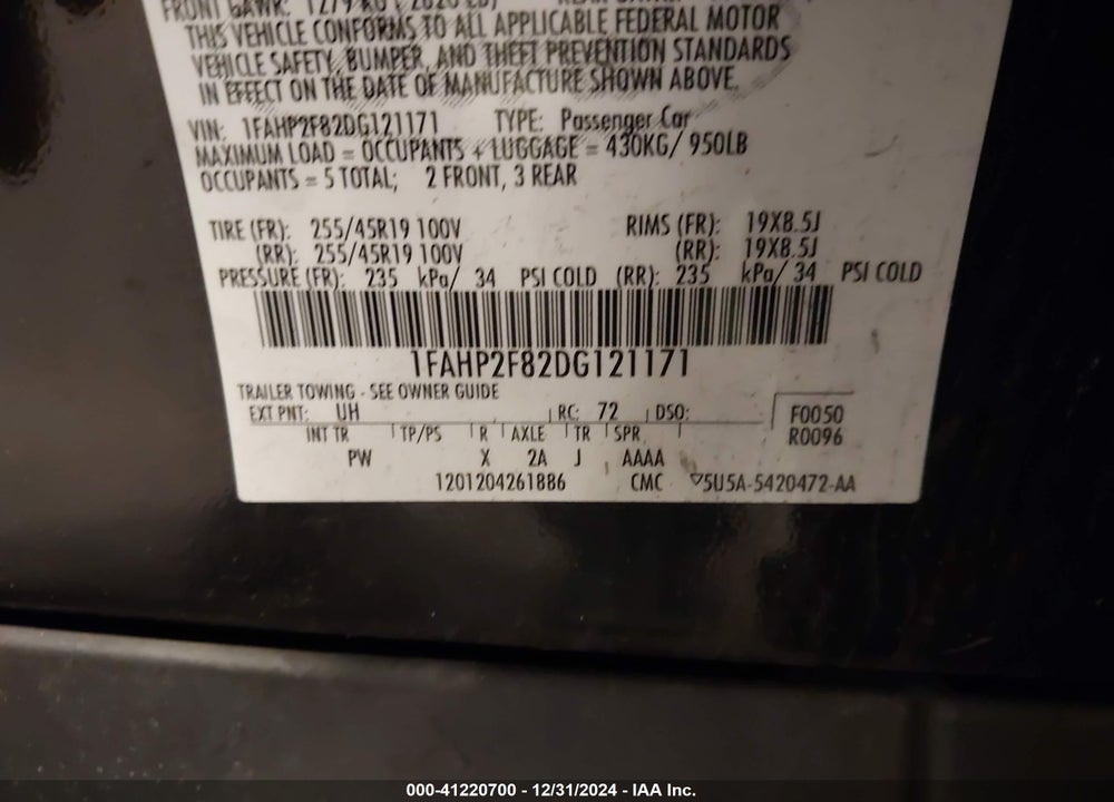 2013 FORD TAURUS VIN: 1FAHP2F82DG121171