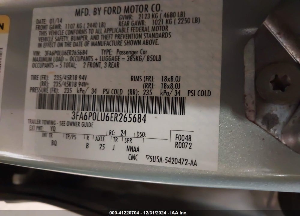 2014 FORD FUSION VIN: 3FA6P0LU6ER265684