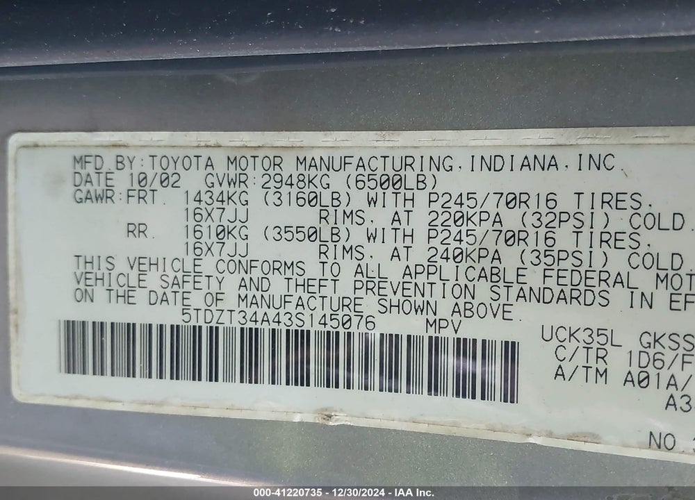 2003 TOYOTA SEQUOIA SR5 V8 VIN: 5TDZT34A43S145076