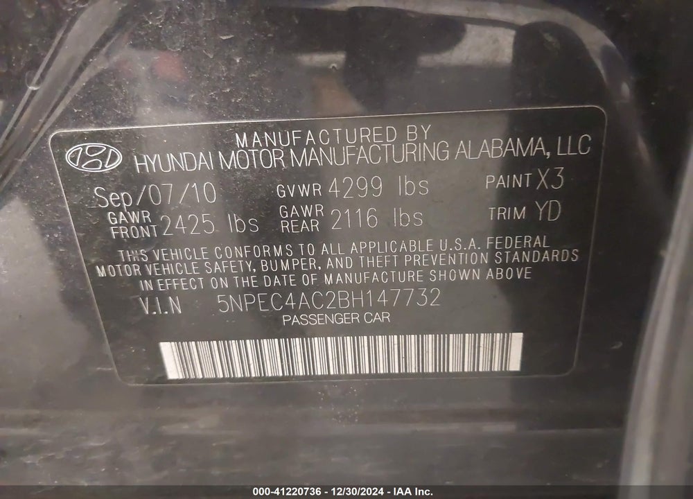 2011 HYUNDAI SONATA LIMITED VIN: 5NPEC4AC2BH147732
