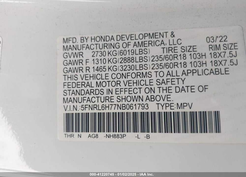 2022 HONDA ODYSSEY EX-L VIN: 5FNRL6H77NB061793