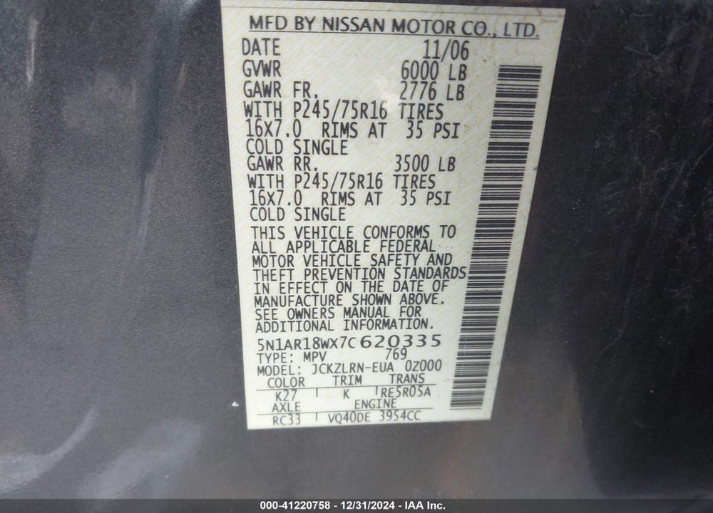 2007 NISSAN PATHFINDER S VIN: 5N1AR18WX7C620335