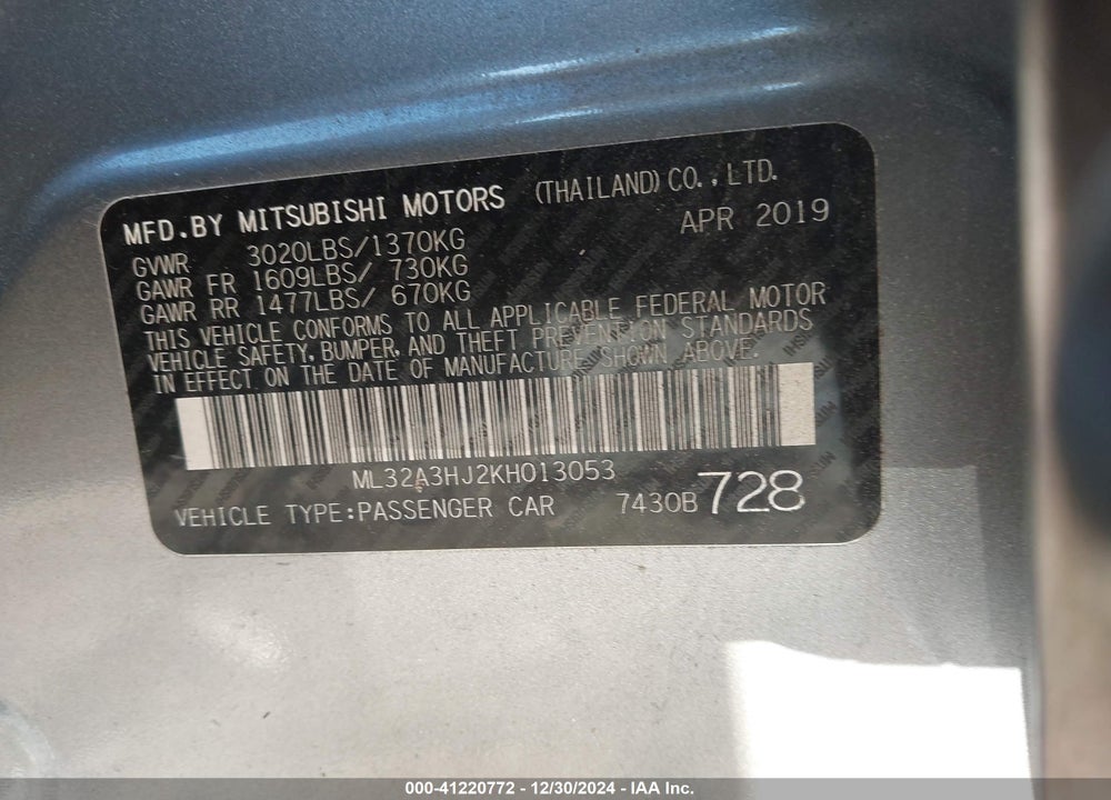 2019 MITSUBISHI MIRAGE ES/RF VIN: ML32A3HJ2KH013053