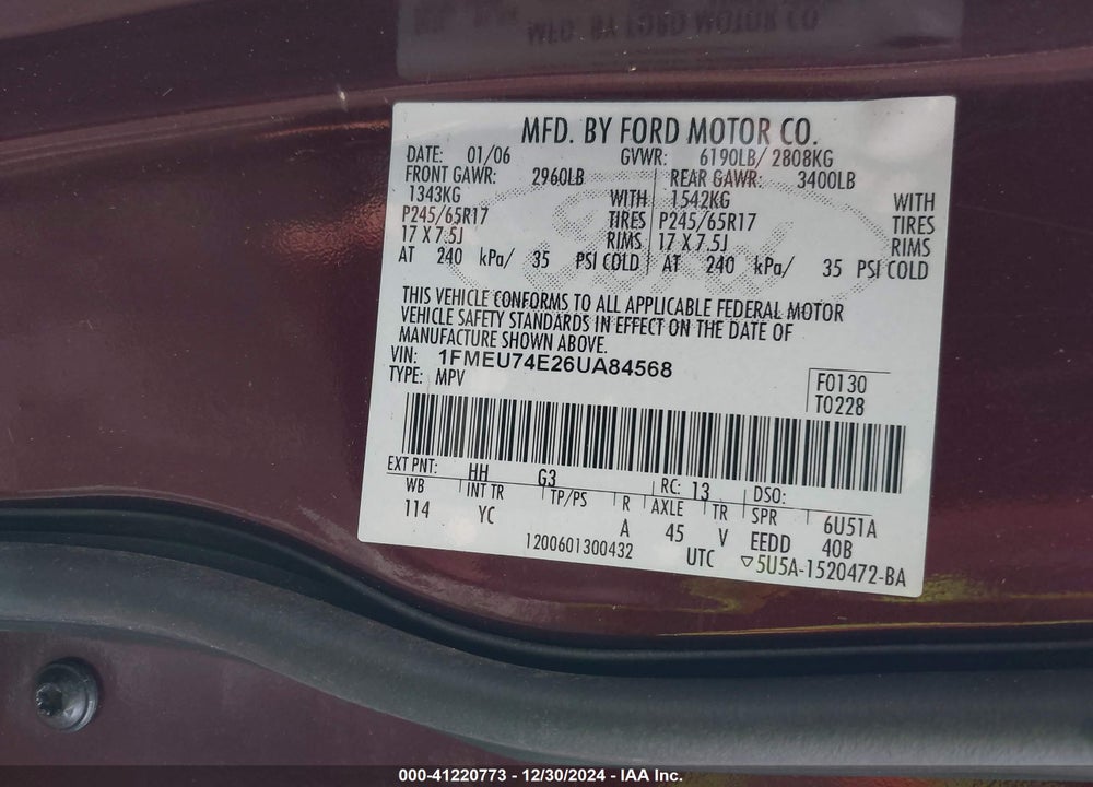 2006 FORD EXPLORER EDDIE BAUER VIN: 1FMEU74E26UA84568