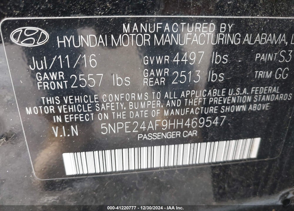 2017 HYUNDAI SONATA SE VIN: 5NPE24AF9HH469547