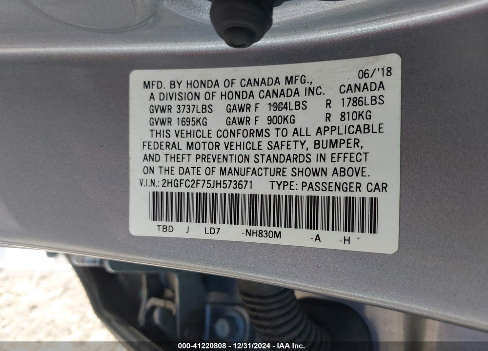 2018 HONDA CIVIC VIN: 2HGFC2F75JH573671