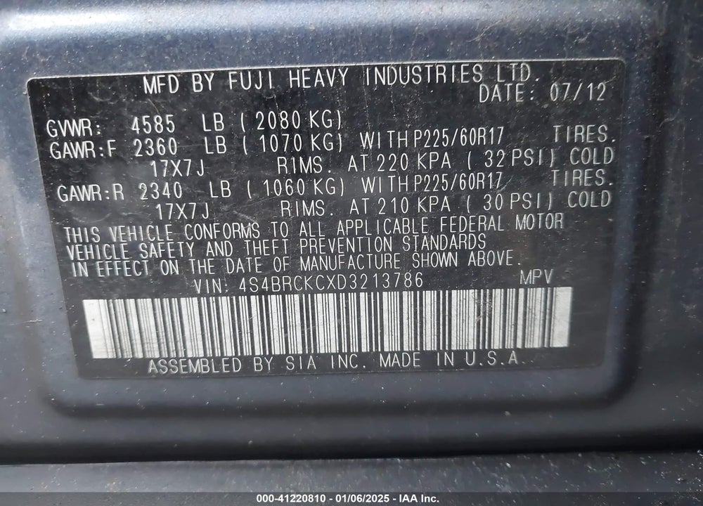 2013 SUBARU OUTBACK 2.5I LIMITED VIN: 4S4BRCKCXD3213786