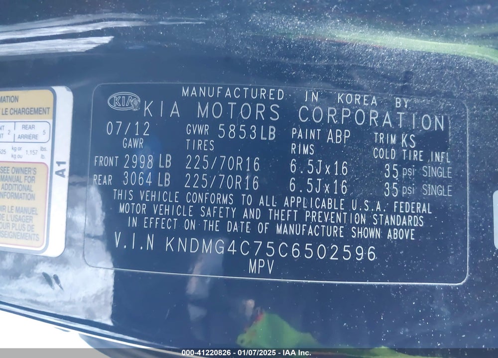 2012 KIA SEDONA LX VIN: KNDMG4C75C6502596