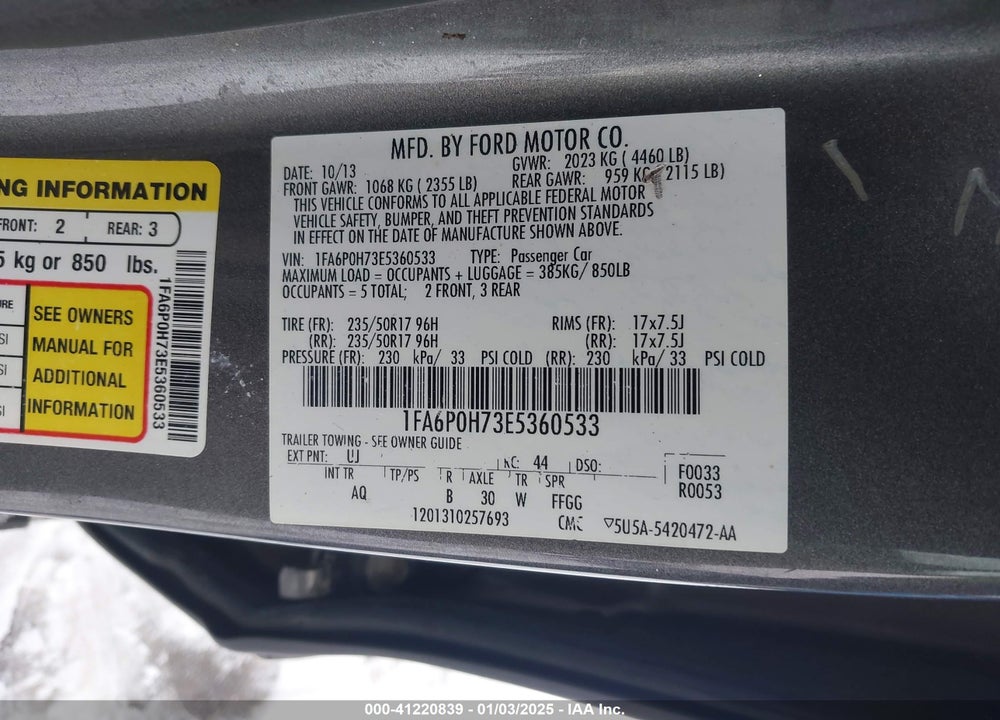 2014 FORD FUSION VIN: 1FA6P0H73E5360533