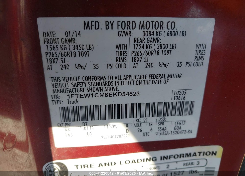 2014 FORD F-150 VIN: 1FTEW1CM8EKD54823