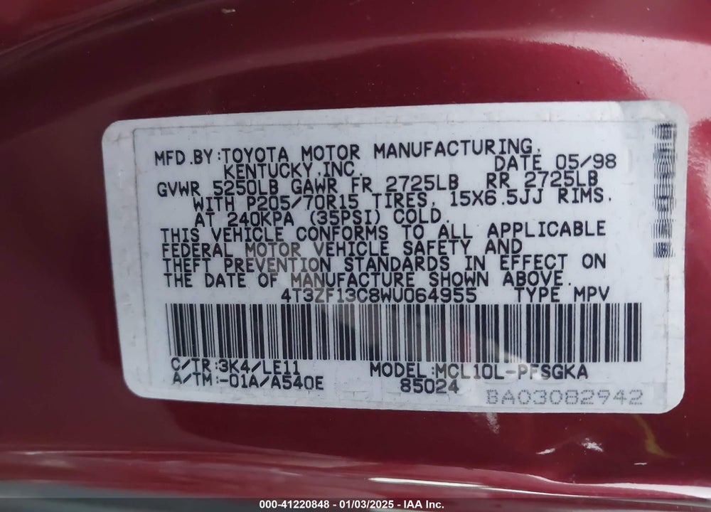 1998 TOYOTA SIENNA XLE VIN: 4T3ZF13C8WU064955