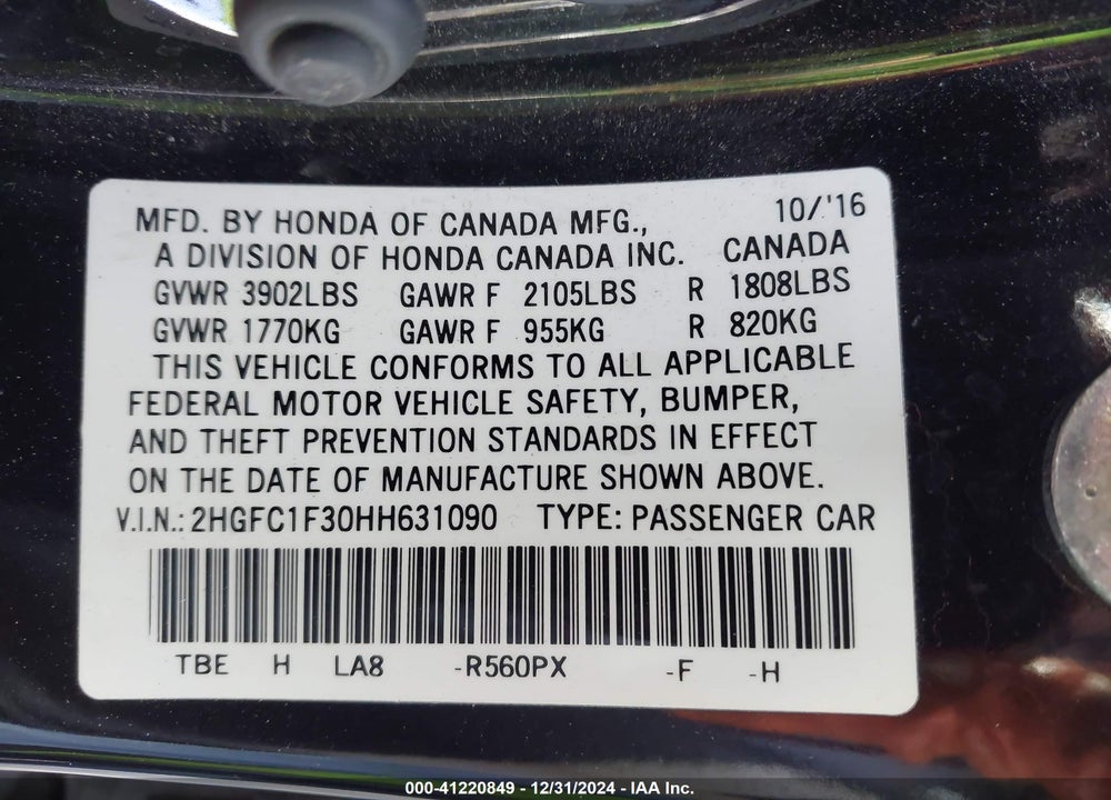 2017 HONDA CIVIC VIN: 2HGFC1F30HH631090
