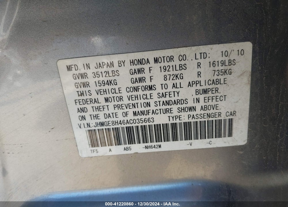 2010 HONDA FIT SPORT VIN: JHMGE8H46AC035663