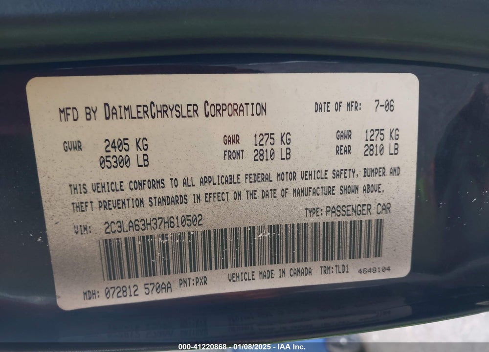 2007 CHRYSLER 300C VIN: 2C3LA63H37H610502